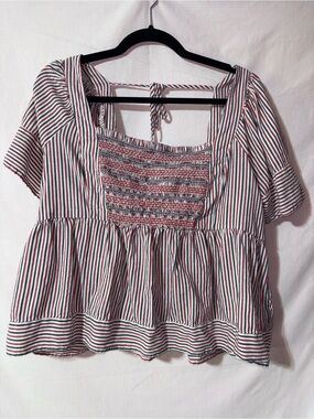 Old Navy Red, Blue & White Striped Smocked Peplum Blouse